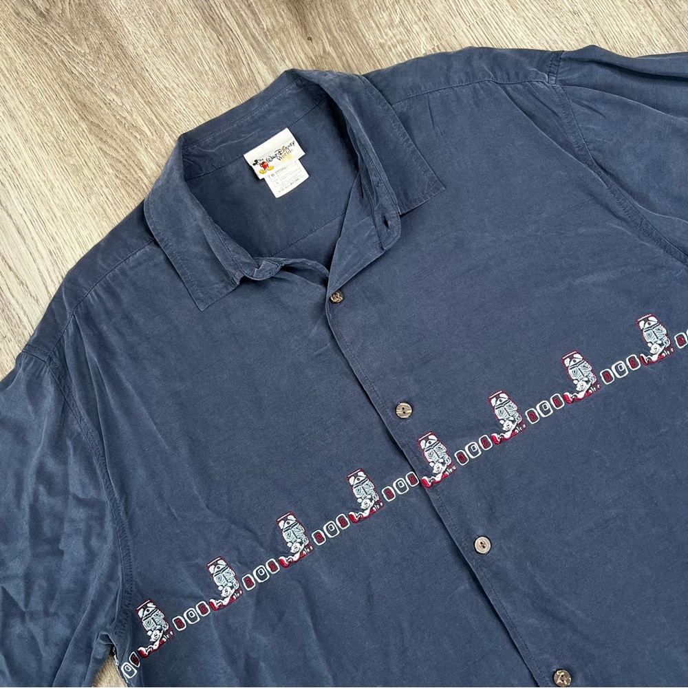 Disney Parks Hawaiian Shirt Mens L Navy Blue Mickey Mouse Tiki Polynesian Rayon